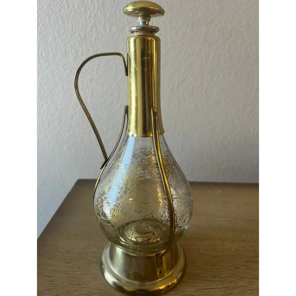 Vintage Japan Musical Glass & Brass Decanter Crackle Glass MCM Style Barware 11